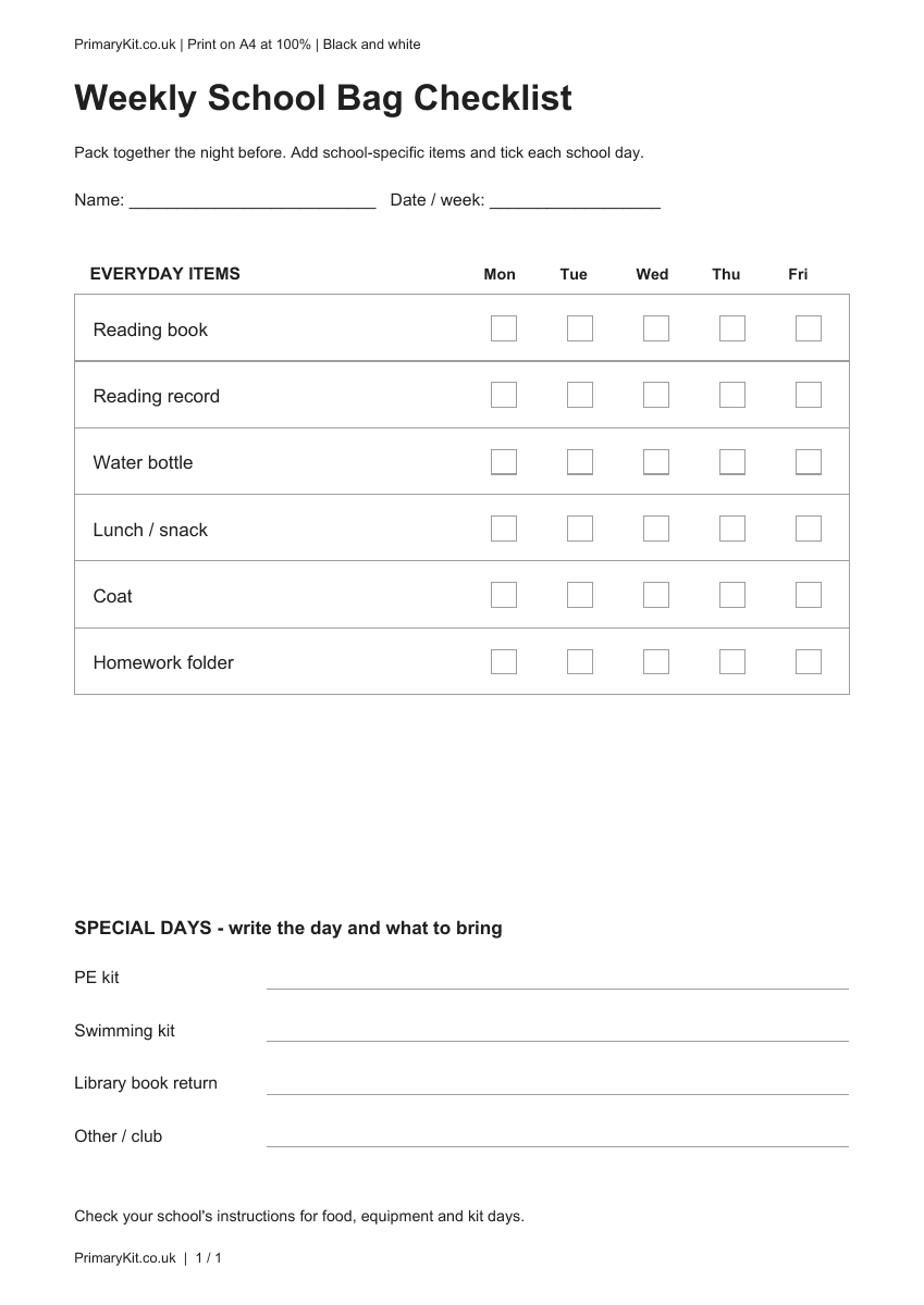 Detail from the first page of Weekly School Bag Checklist